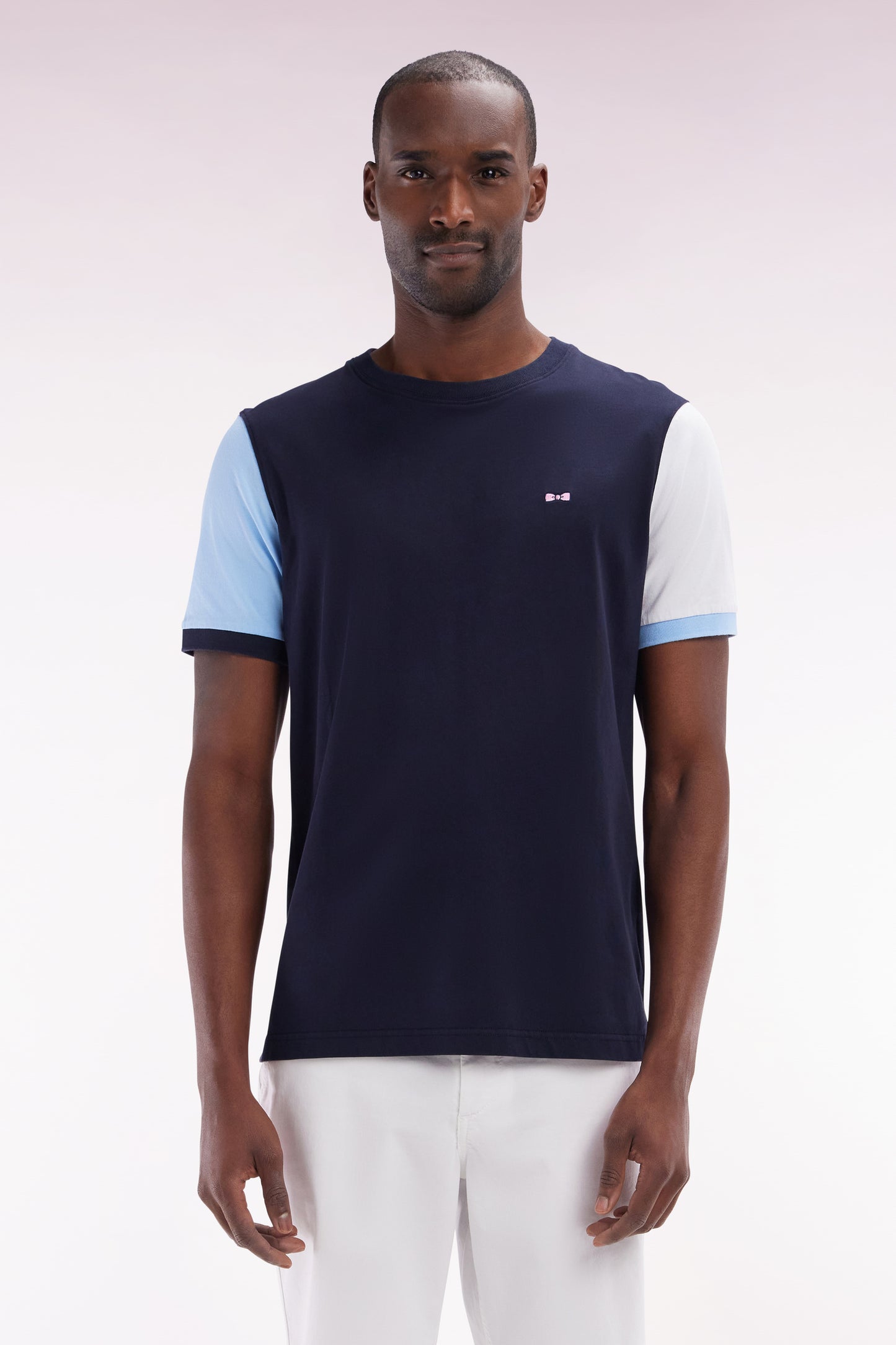 Straight-fit colorblock T-shirt in navy cotton with 10 embroidery