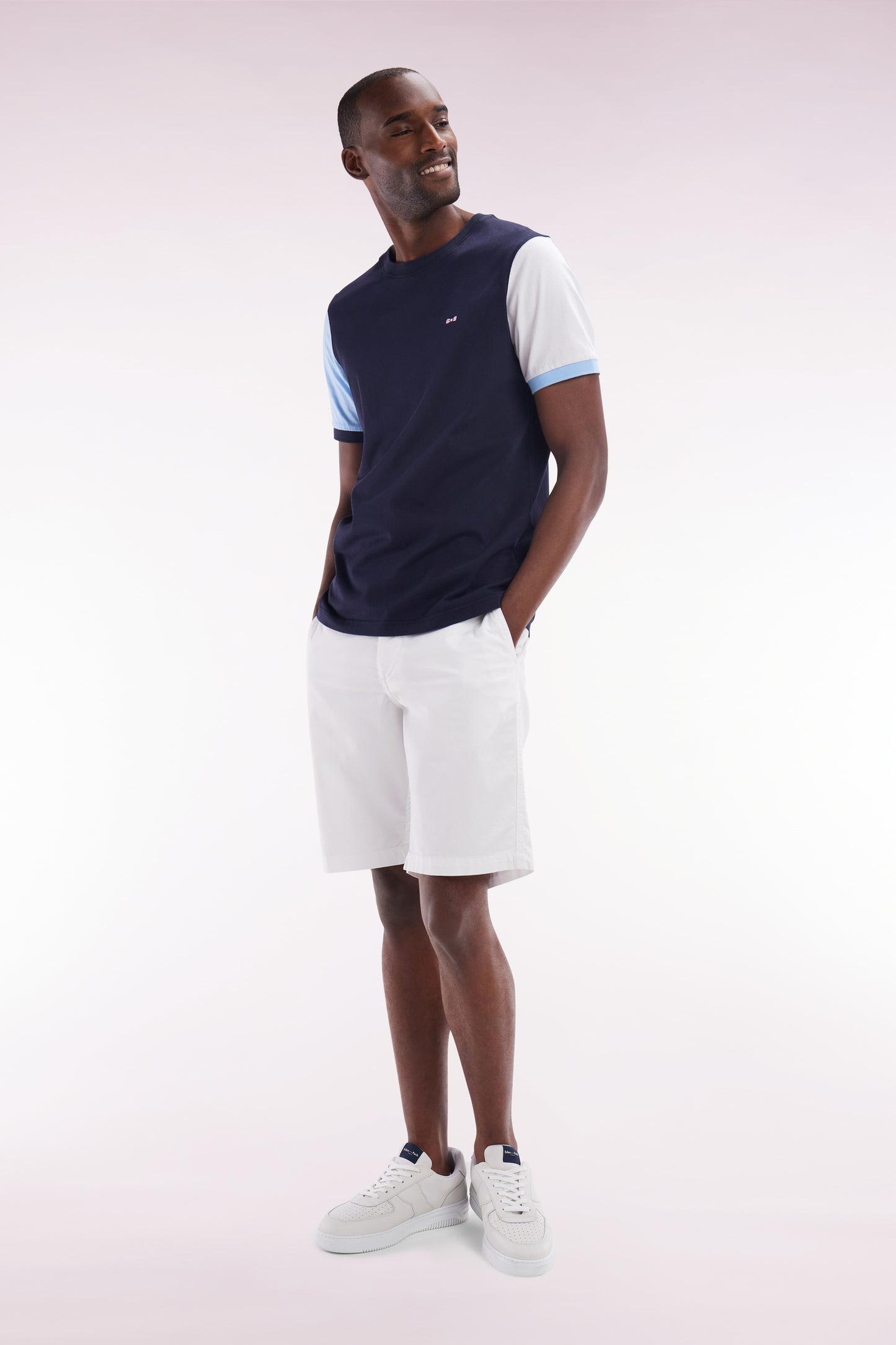 Straight-fit colorblock T-shirt in navy cotton with 10 embroidery