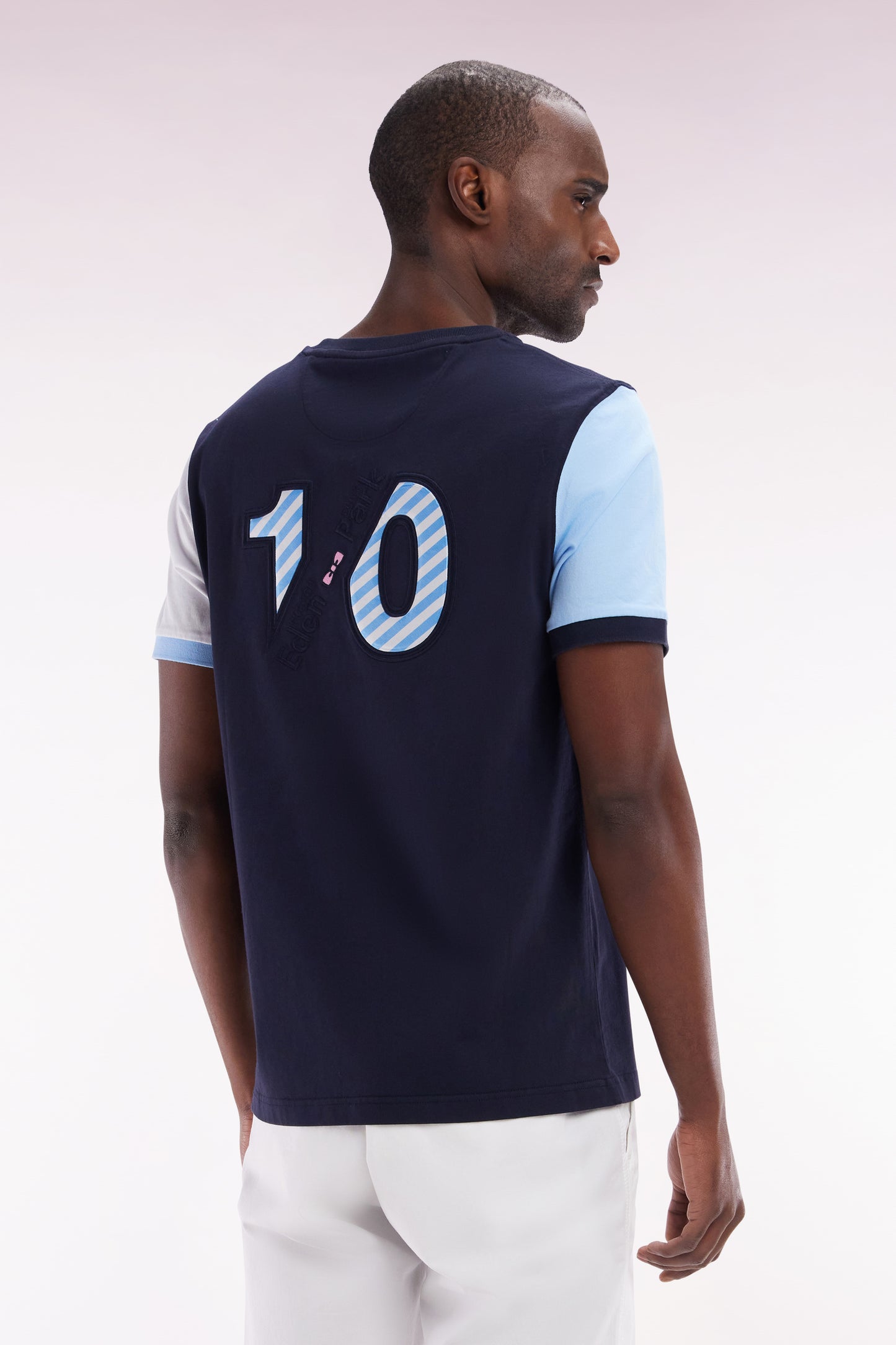 Straight-fit colorblock T-shirt in navy cotton with 10 embroidery