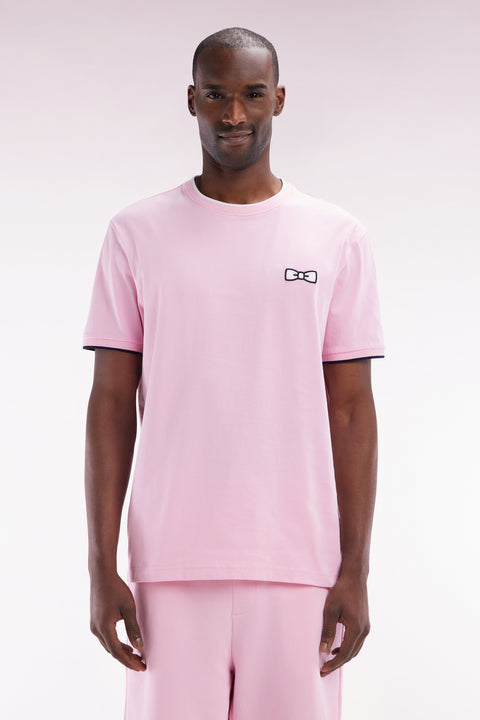 T-shirt en coton rose broderie nœud papillon coupe décontractée - Image 1
