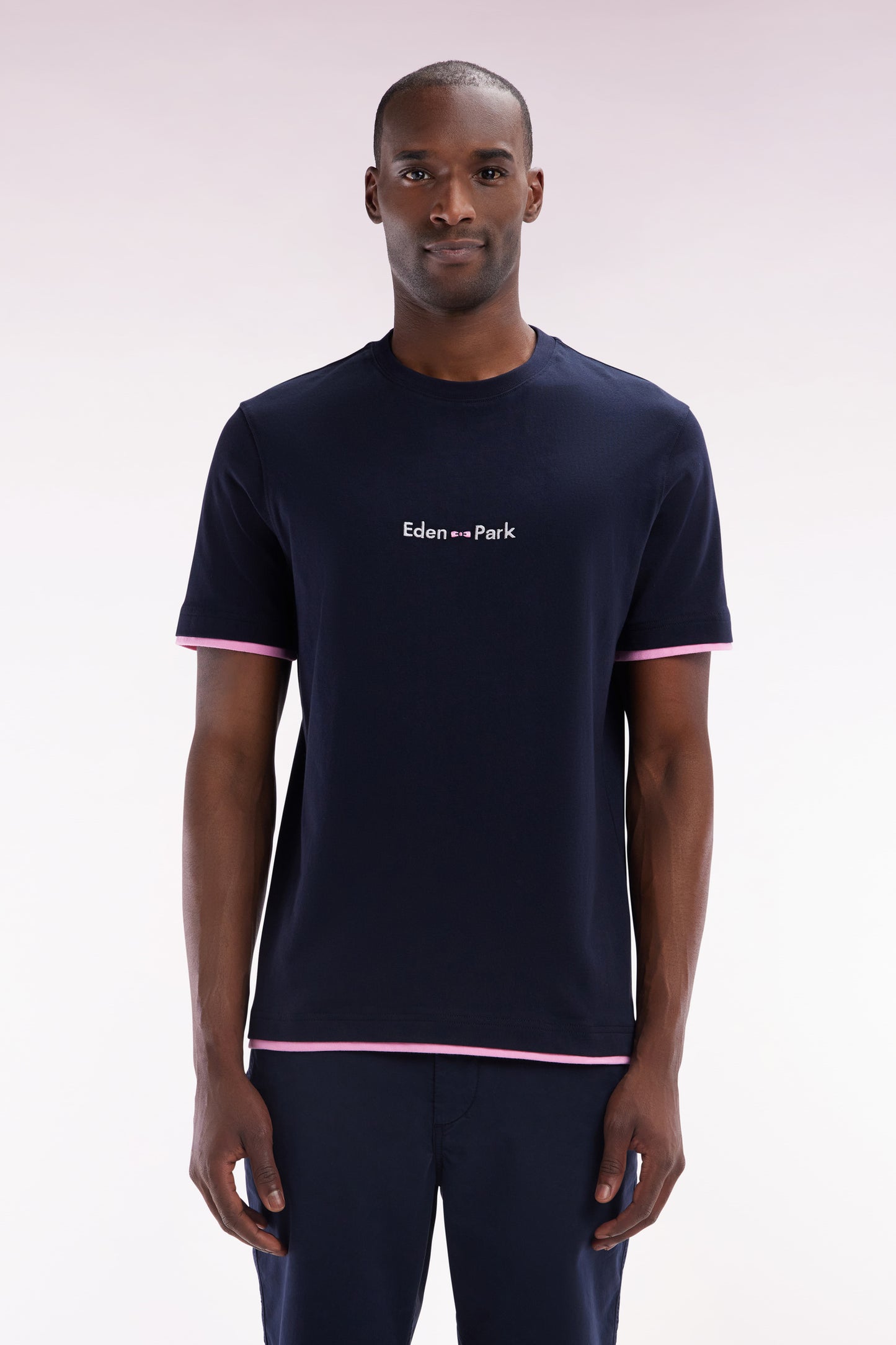 Straight-fit embroidered navy cotton T-shirt with a layering effect