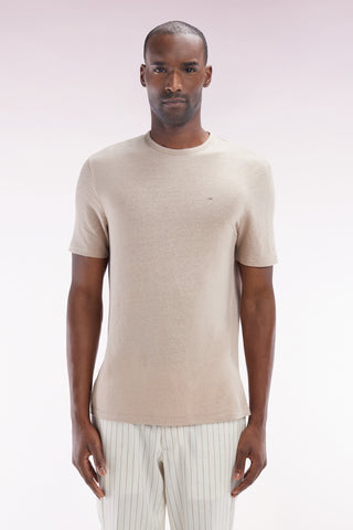 T-shirt uni en lin stretch beige coupe droite