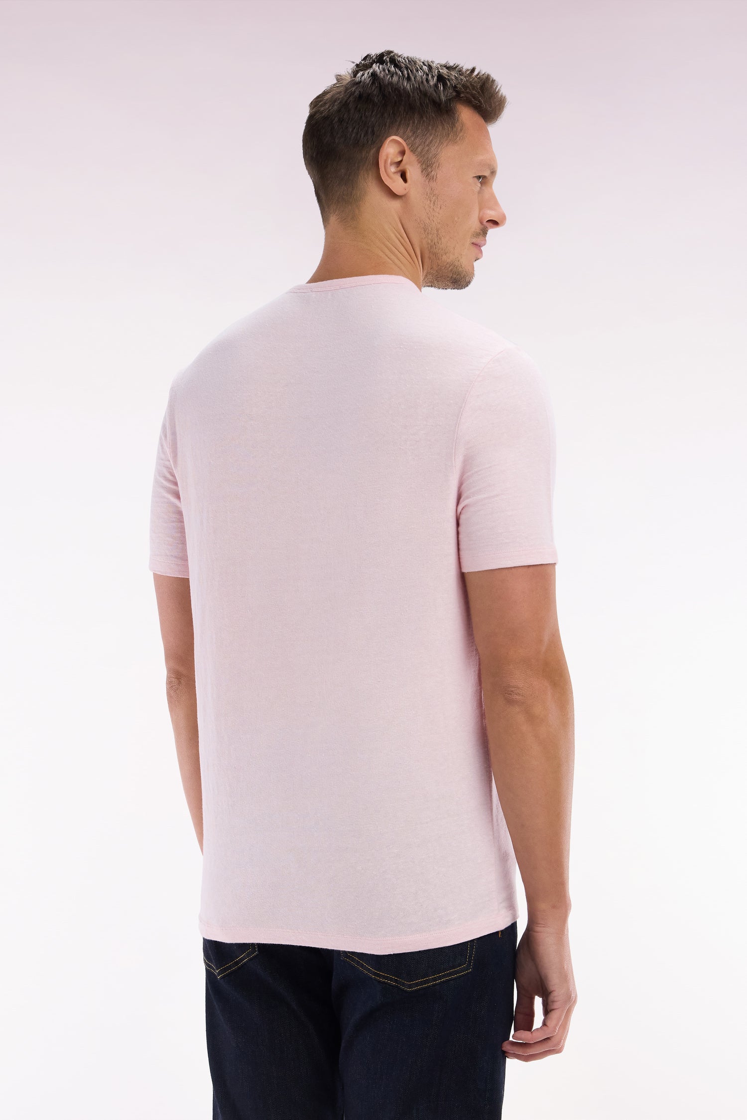 T-shirt uni en lin stretch rose coupe droite