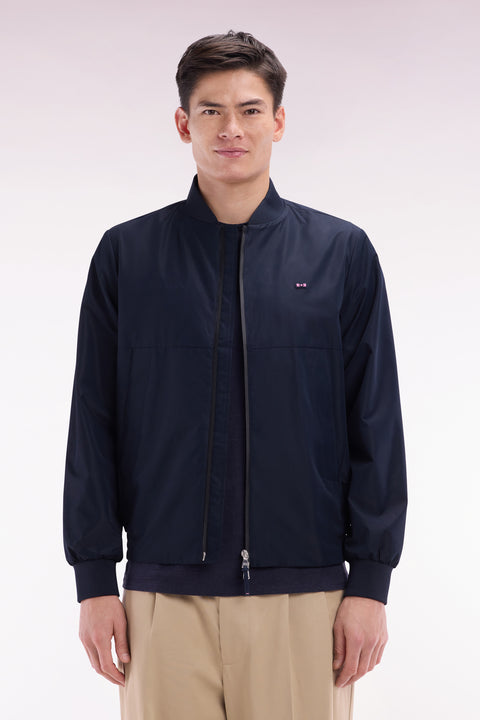 Soft Touch nylon navy zipped jacket with teddy collar - Image 1