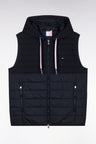 Sleeveless navy bimaterial down jacket with hood