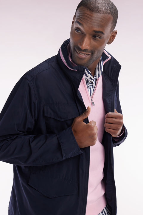 Short 4-pocket parka with high collar and hood in navy blue nylon - Image 2