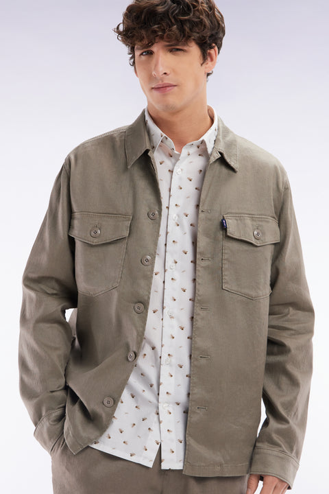 Overshirt with patch pockets in sand stretch linen and cotton - Image 3