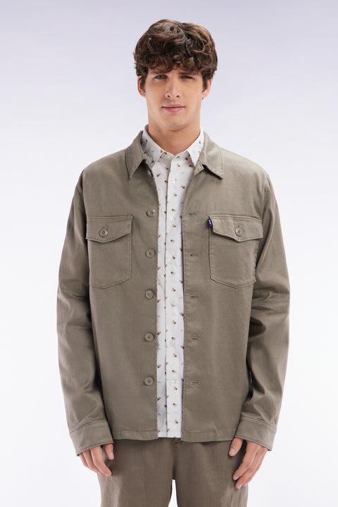 Overshirt with patch pockets in sand stretch linen and cotton - Image 1