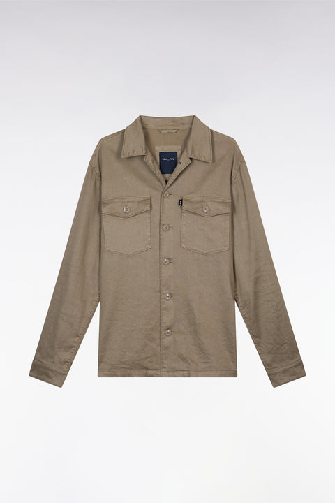 Overshirt with patch pockets in sand stretch linen and cotton - Image 2