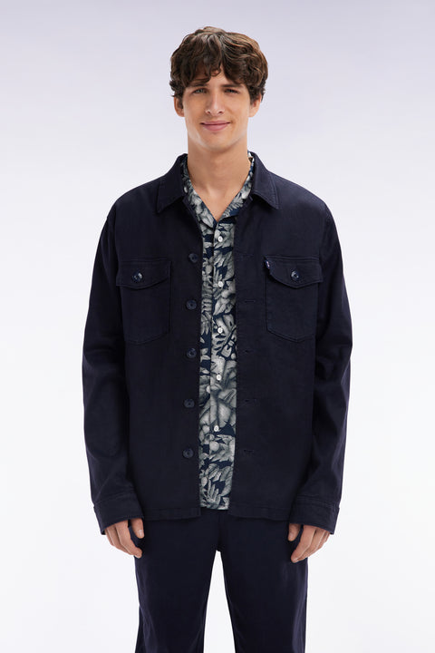 Overshirt with patch pockets in navy stretch linen and cotton - Image 1