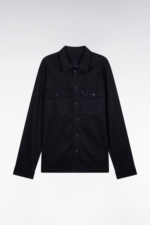Overshirt with patch pockets in navy stretch linen and cotton - Image 2