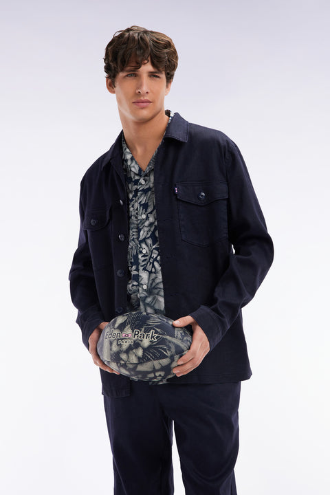Overshirt with patch pockets in navy stretch linen and cotton - Image 3