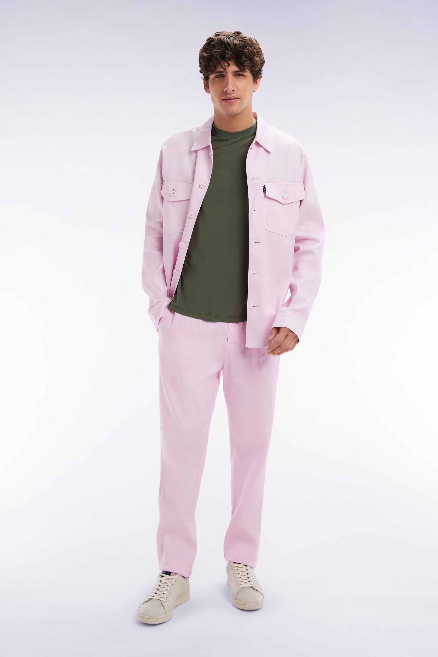 Surchemise à poches plaquées en lin et coton stretch rose
