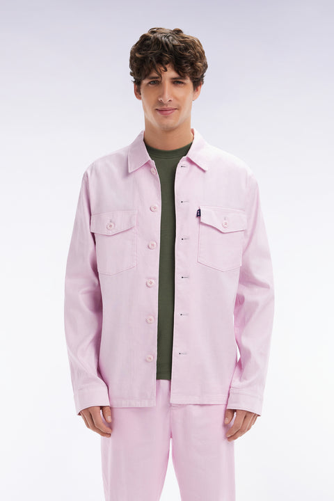 Overshirt with patch pockets in pink stretch linen and cotton - Image 1