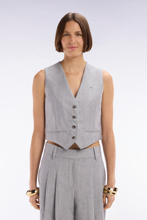 Gilet de costume en twill de lin et laine à chevron gris - Image 3
