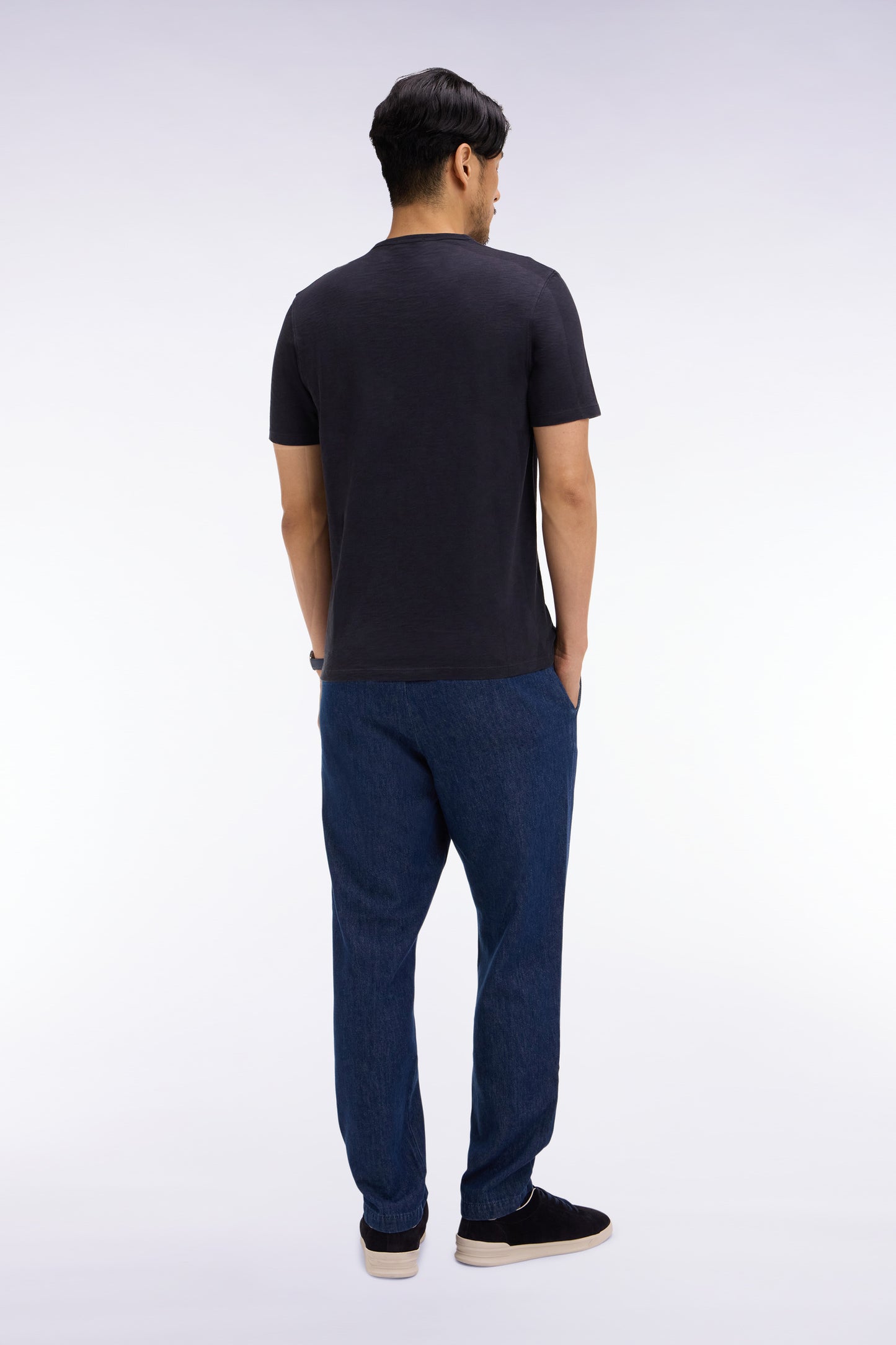 Pantalon taille élastiquée en chambray bleu coupe Modern