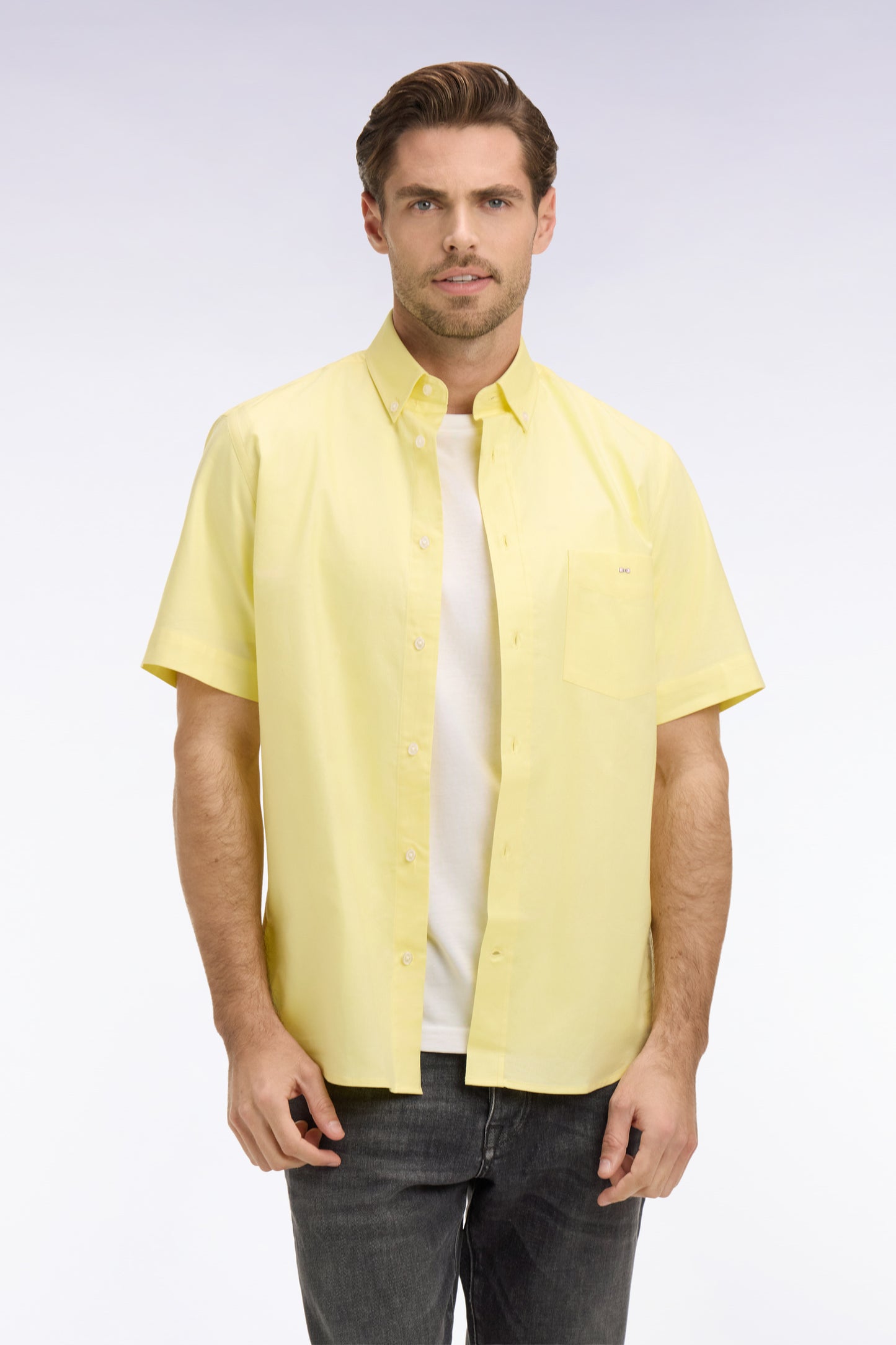 Chemise à manches courtes en coton fil teint jeune