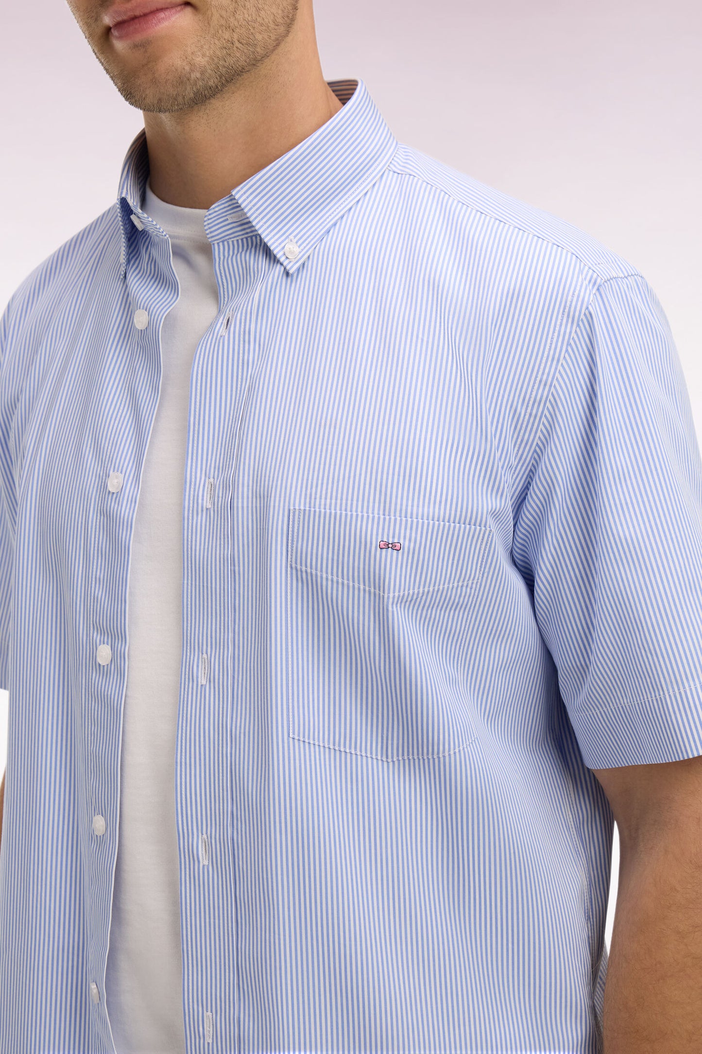 Chemise à manches courtes en coton à rayures bâtons bleu ciel