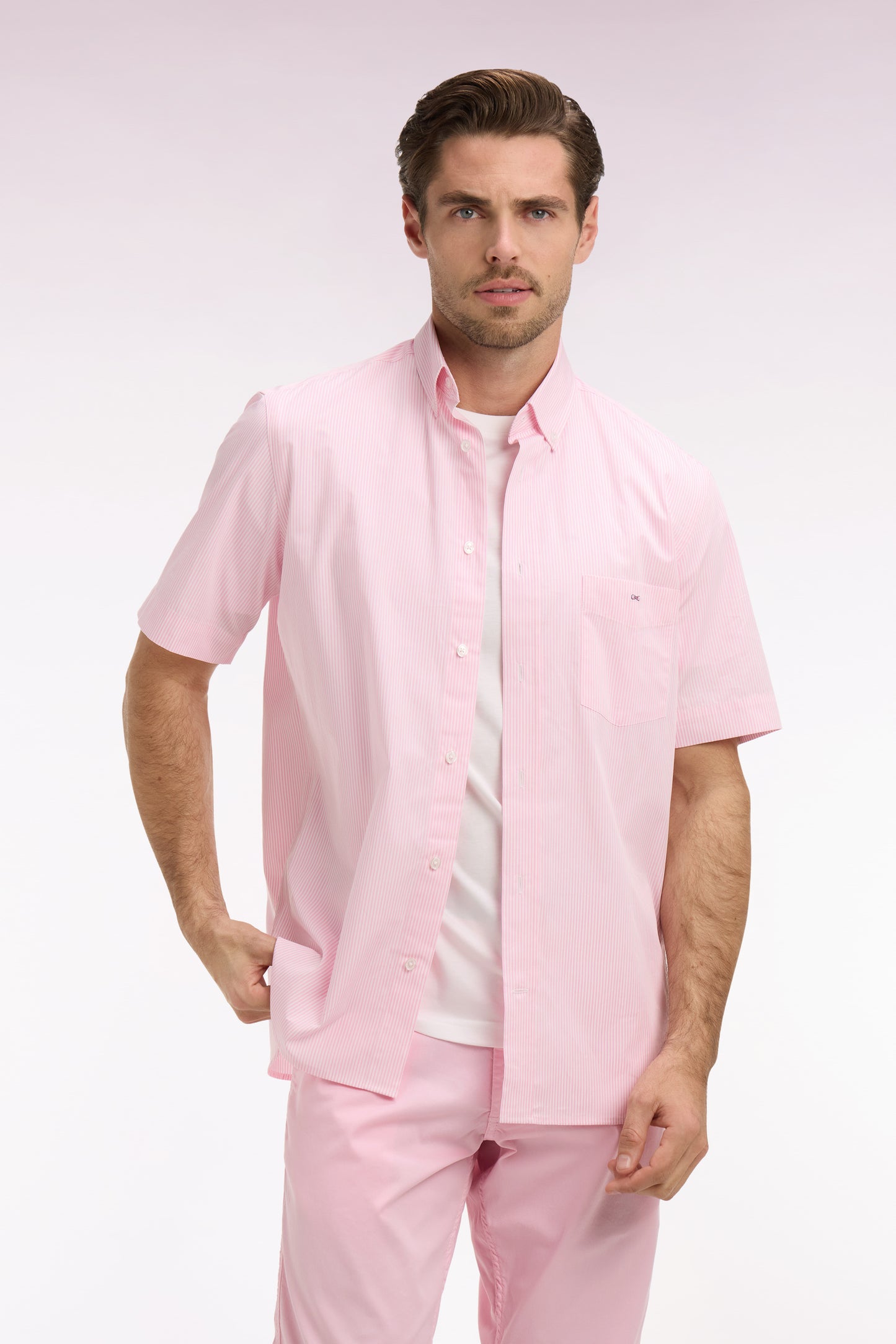 Chemise à manches courtes en coton à rayures bâtons rose