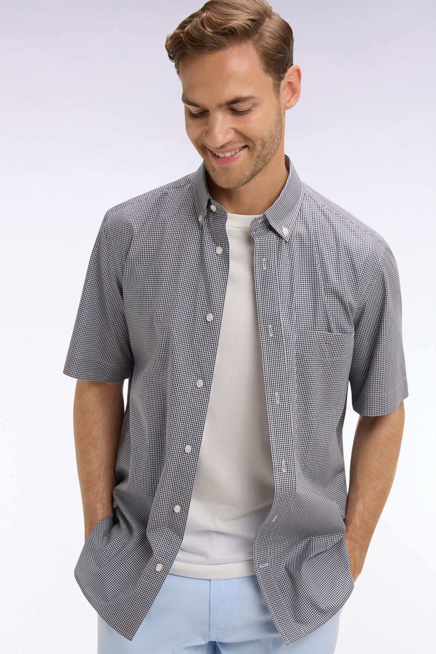 Chemise à manches courtes en coton à carreaux Vichy marine