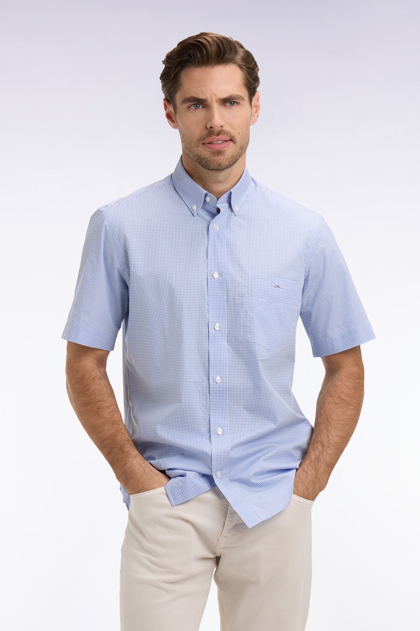 Chemise à manches courtes en coton à carreaux Vichy bleu ciel