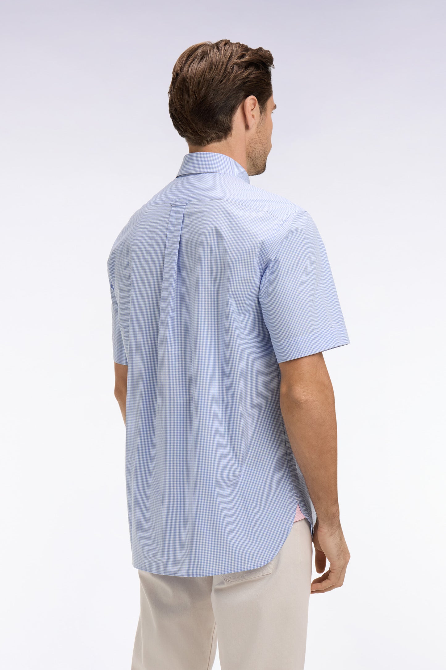 Chemise à manches courtes en coton à carreaux Vichy bleu ciel