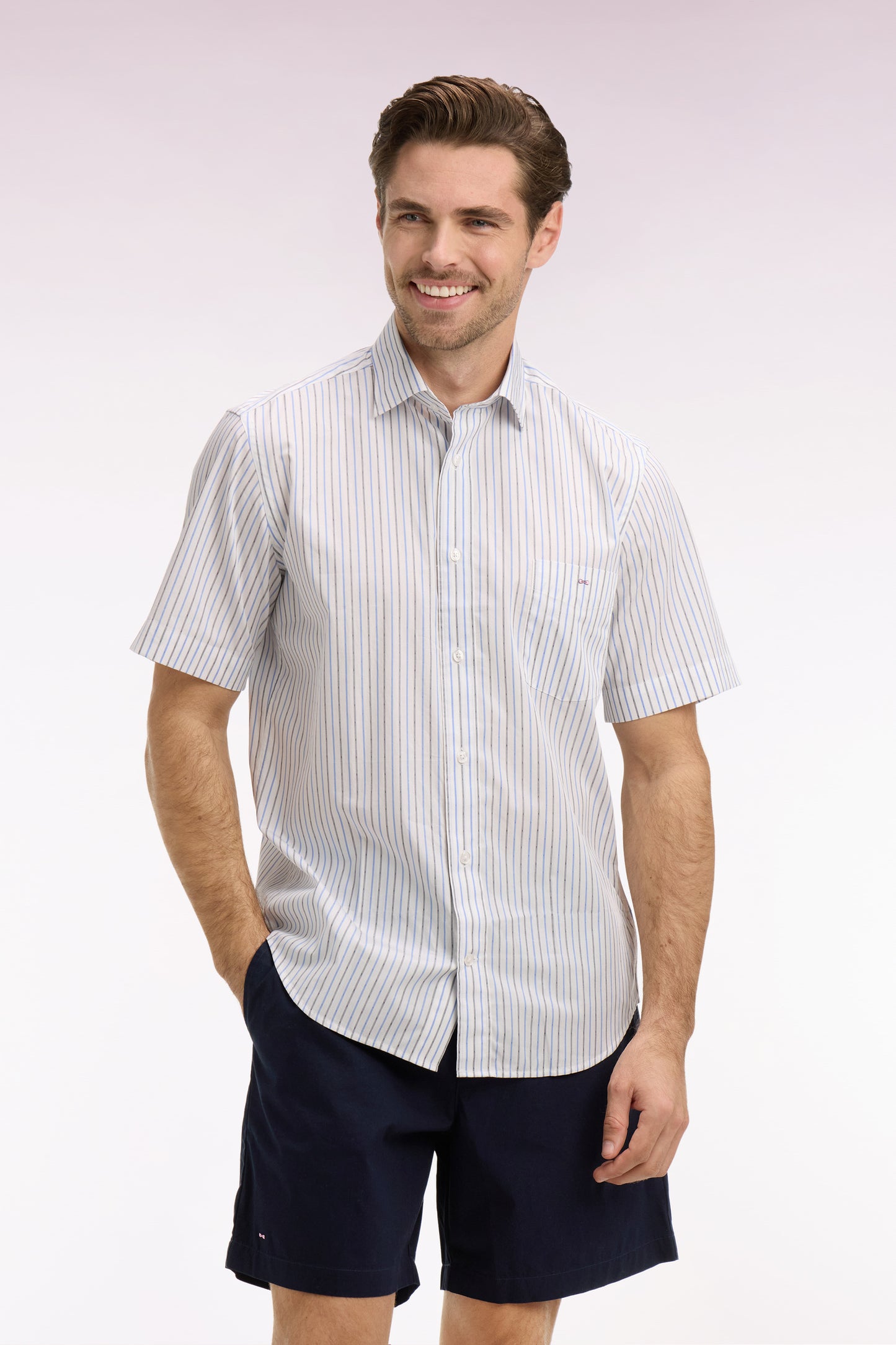 Chemise à manches courtes en dobby de coton rayé bleu ciel
