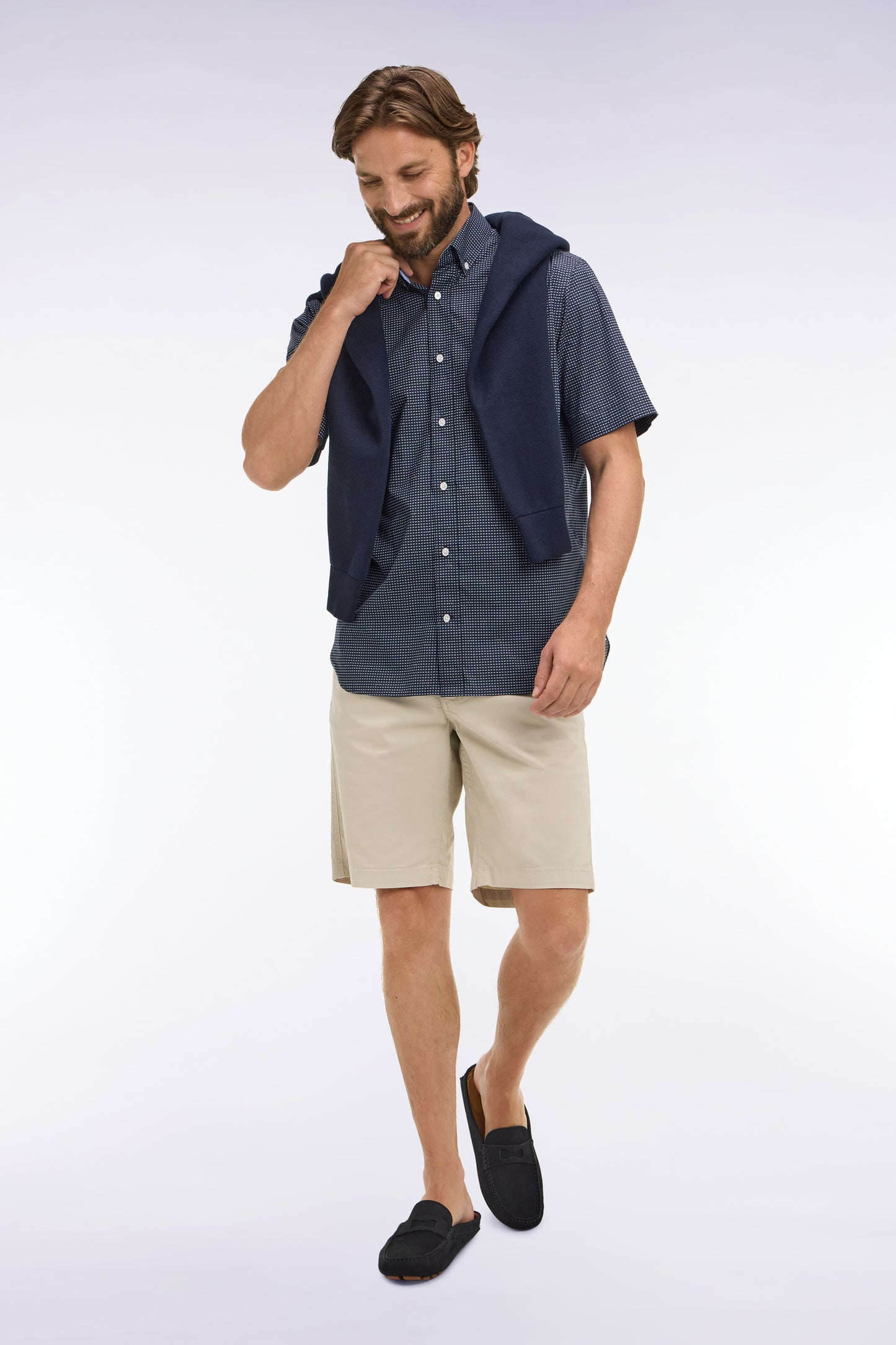 Chemise à manches courtes en coton marine à micromotifs bleu ciel