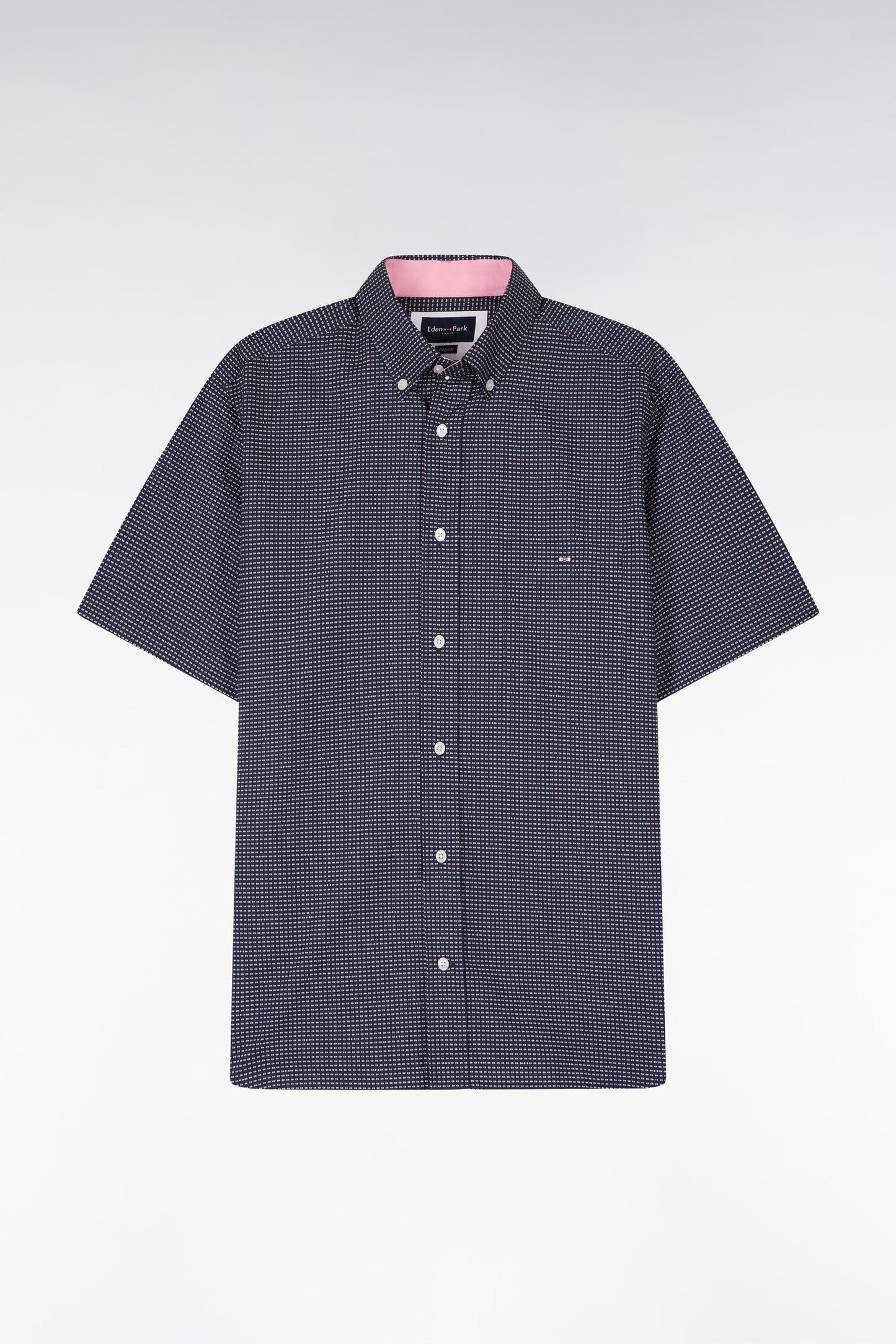 Chemise à manches courtes en coton marine à micromotifs roses