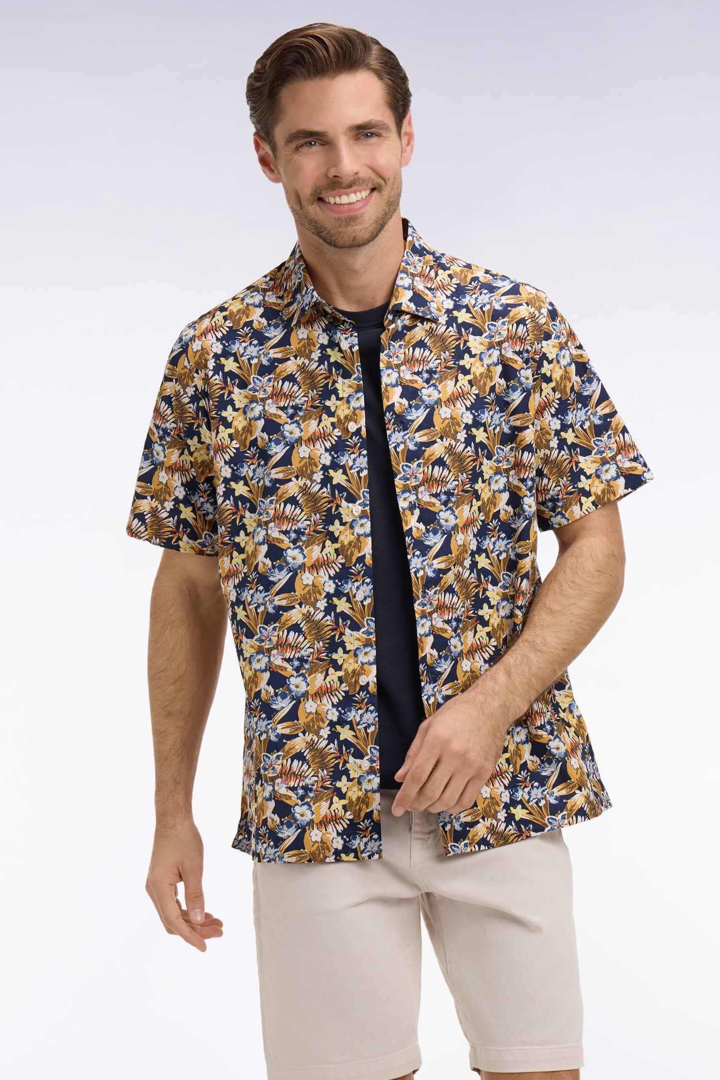 Chemise à manches courtes en popeline de coton à motif floral jaune