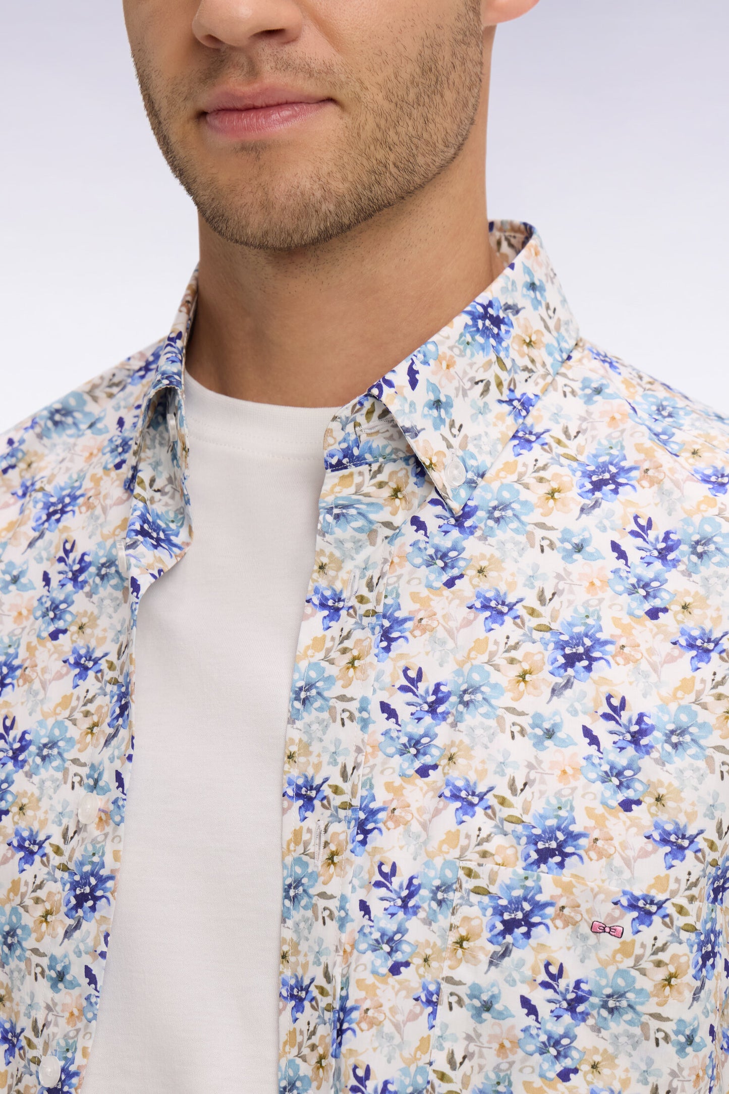 Chemise à manches courtes en popeline et chambray à motif floral bleu