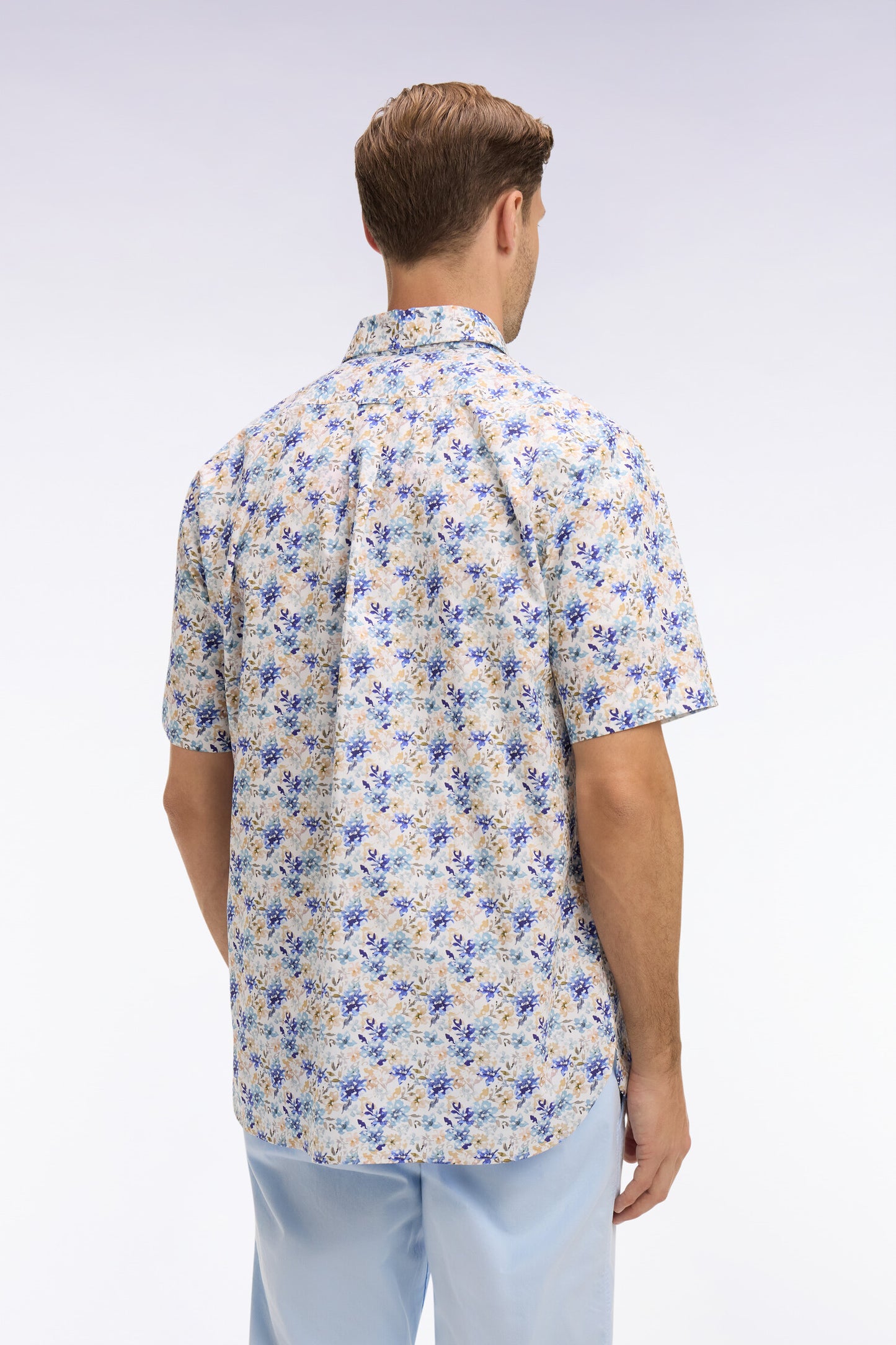 Chemise à manches courtes en popeline et chambray à motif floral bleu