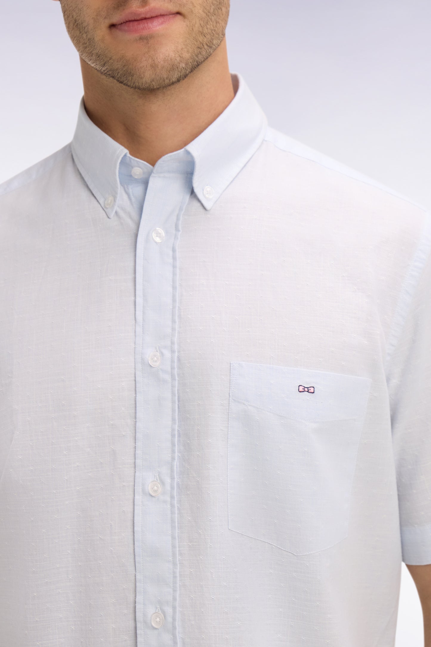 Chemise à manches courtes en coton jacquard rayé bleu ciel