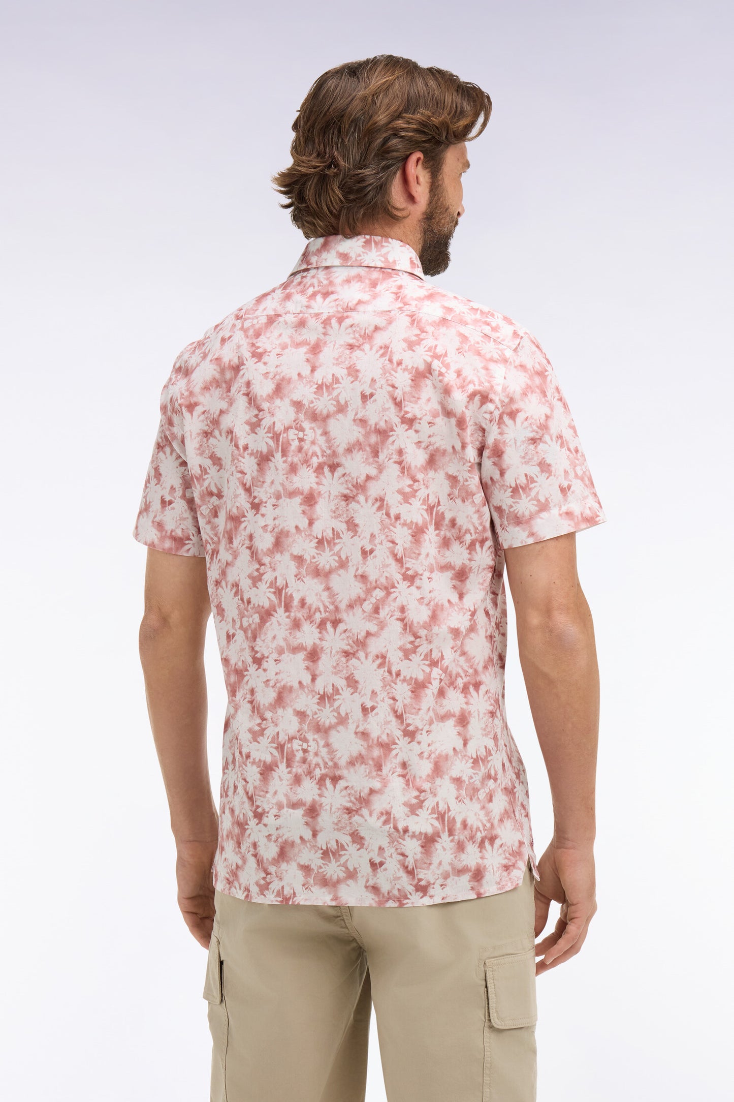 Chemise à manches courtes en popeline de coton à motif floral bordeaux coupe slim