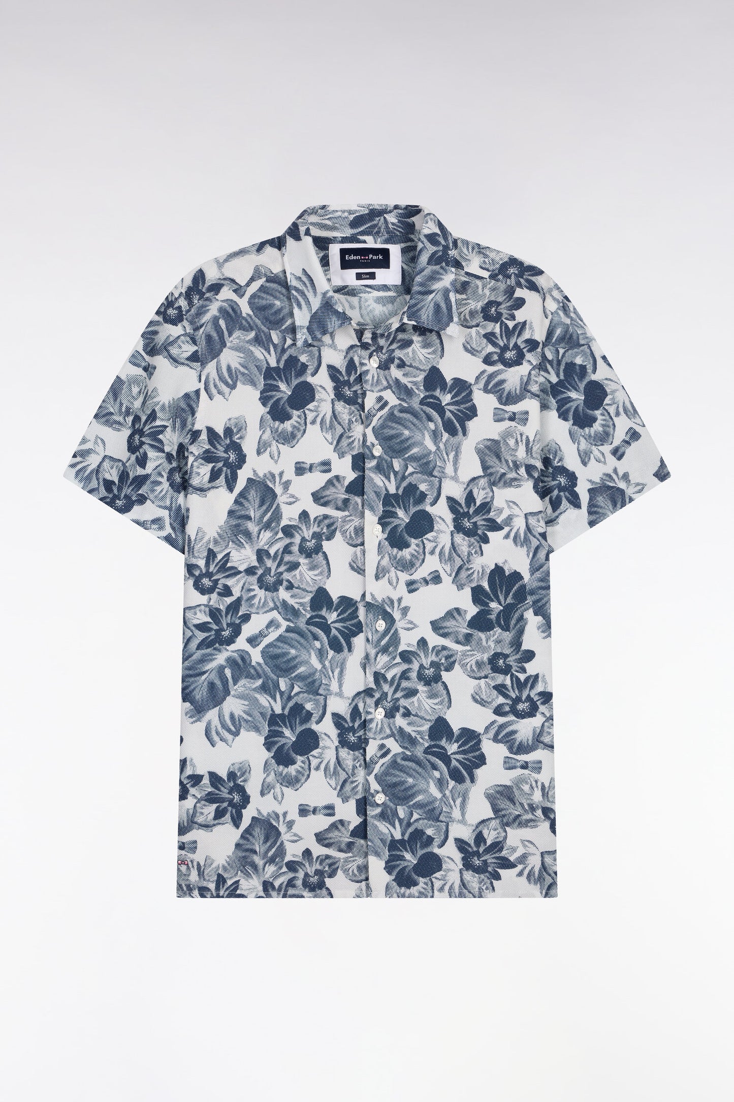 Chemise à manches courtes en piqué coton à motif floral marine coupe slim