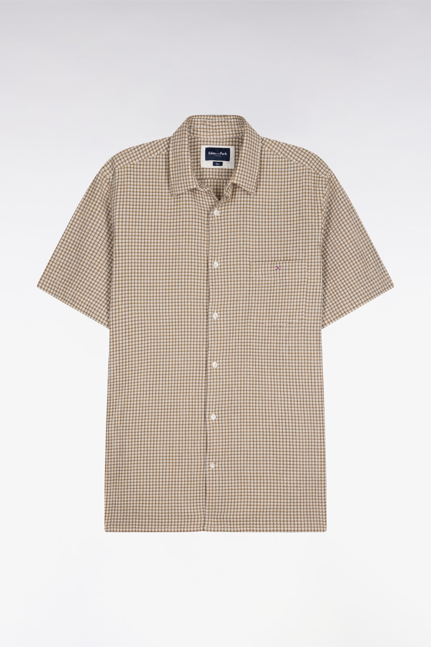 Chemise à manches courtes en coton seersucker à carreaux beige coupe slim