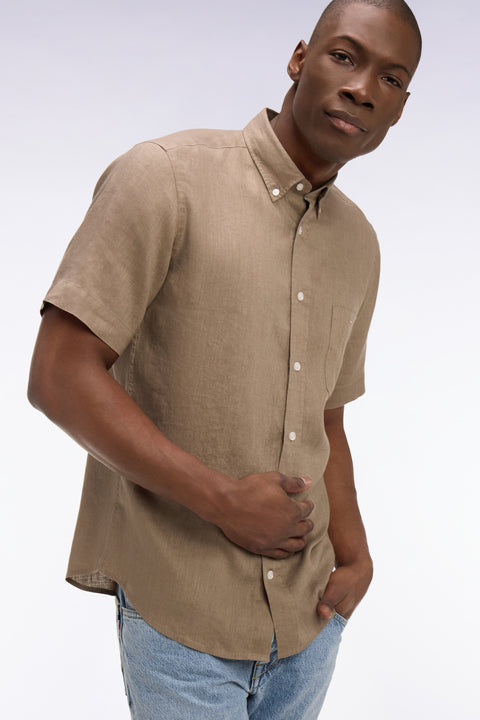 Chemise à manches courtes en lin kaki - Image 1