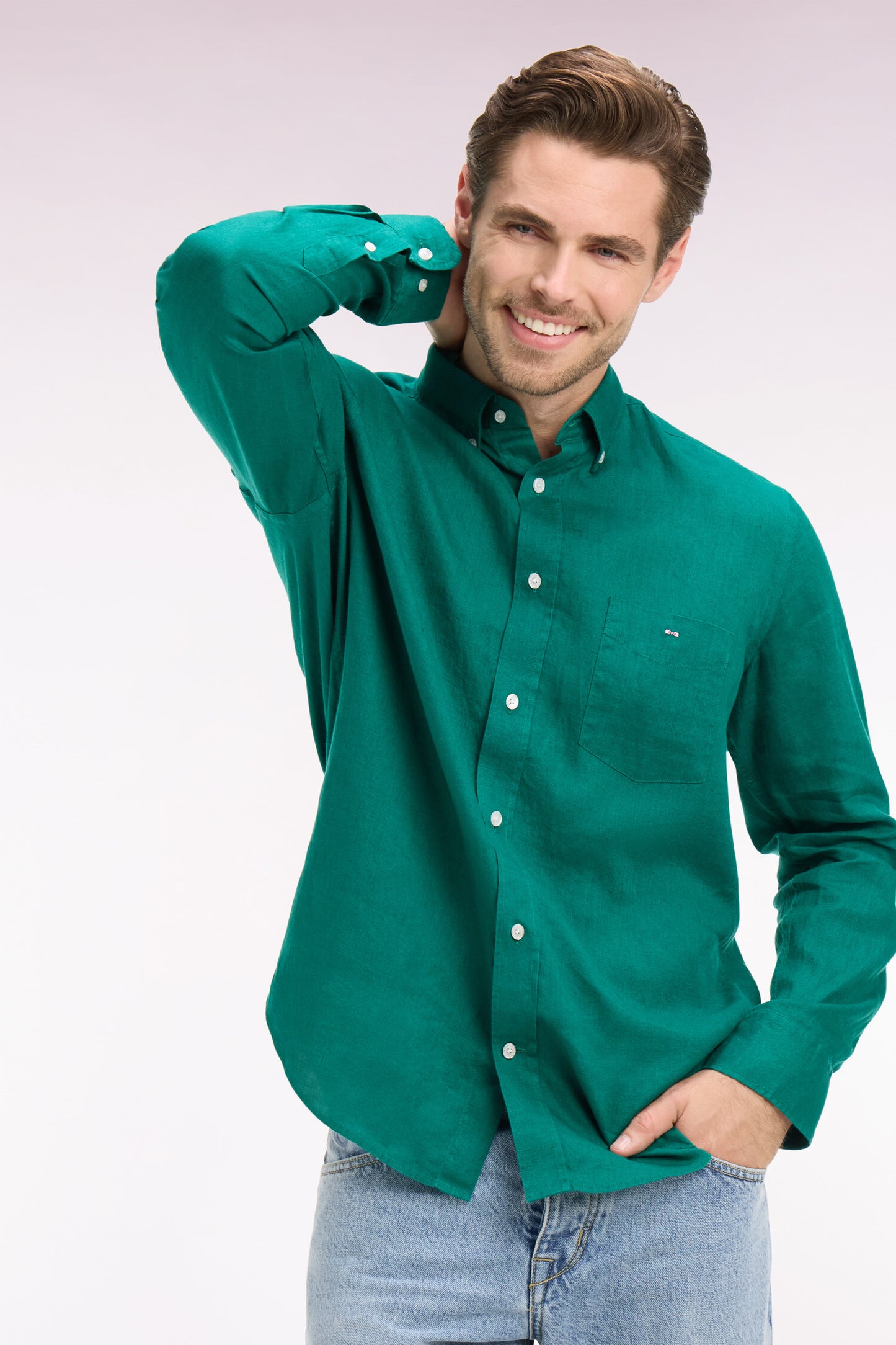 Chemise droite en lin vert menthe