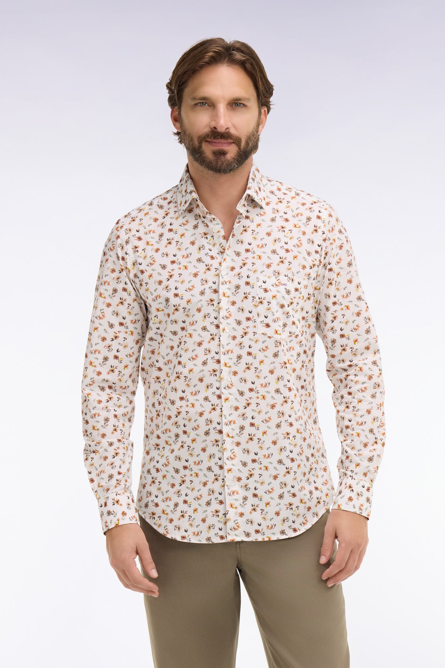 Chemise en popeline de coton imprimé floral orange coupe slim