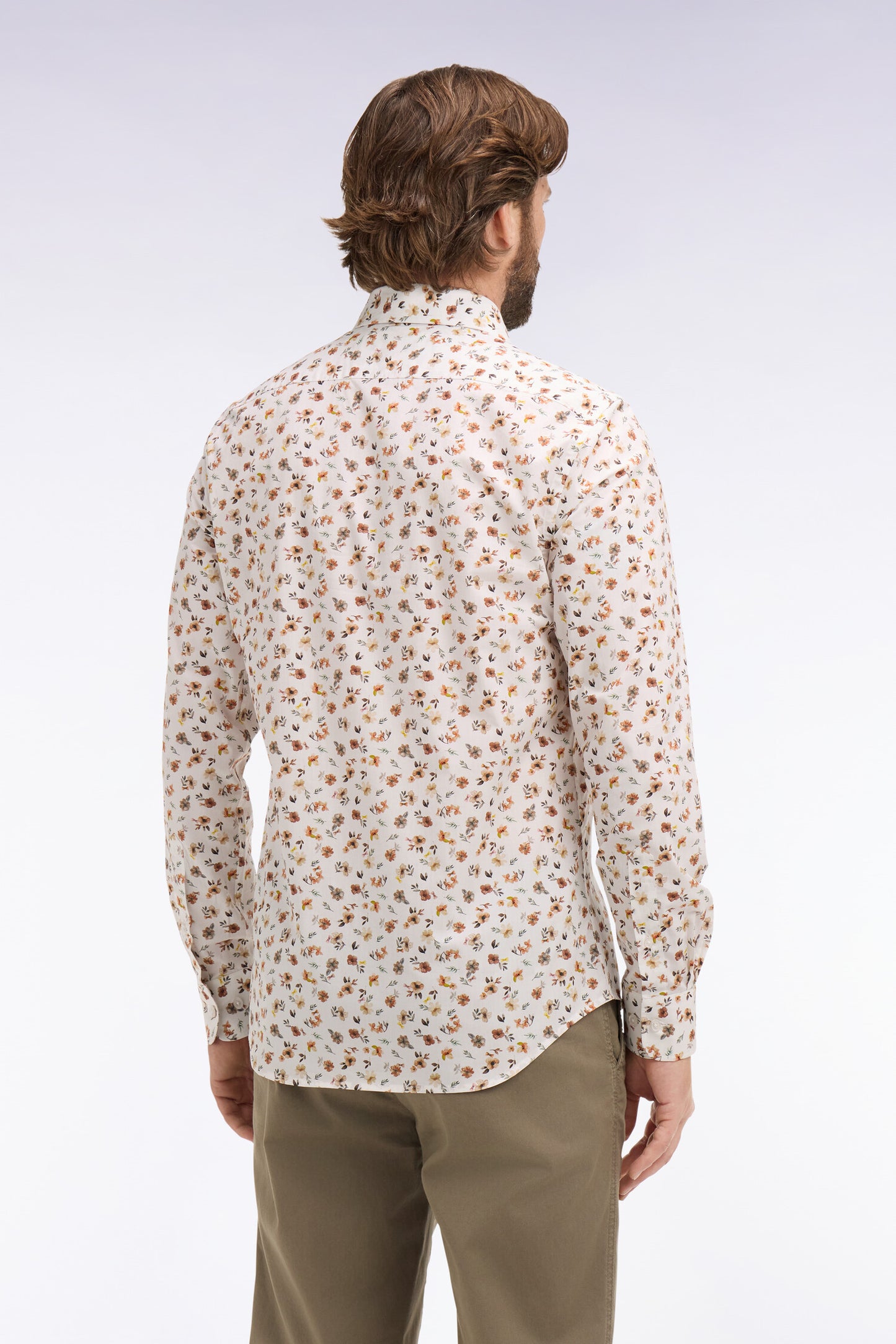 Chemise en popeline de coton imprimé floral orange coupe slim