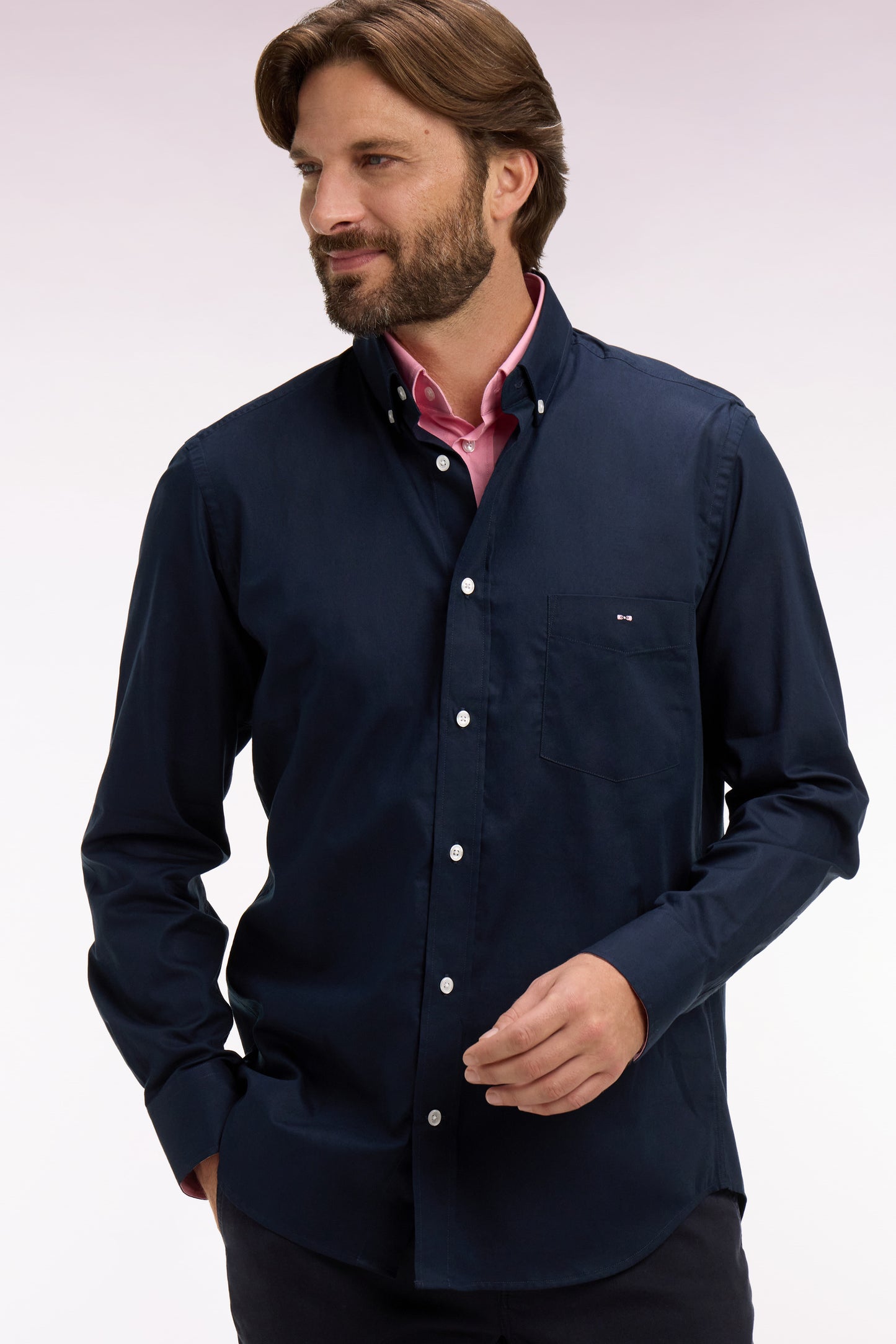 Chemise en coton pinpoint marine détails roses