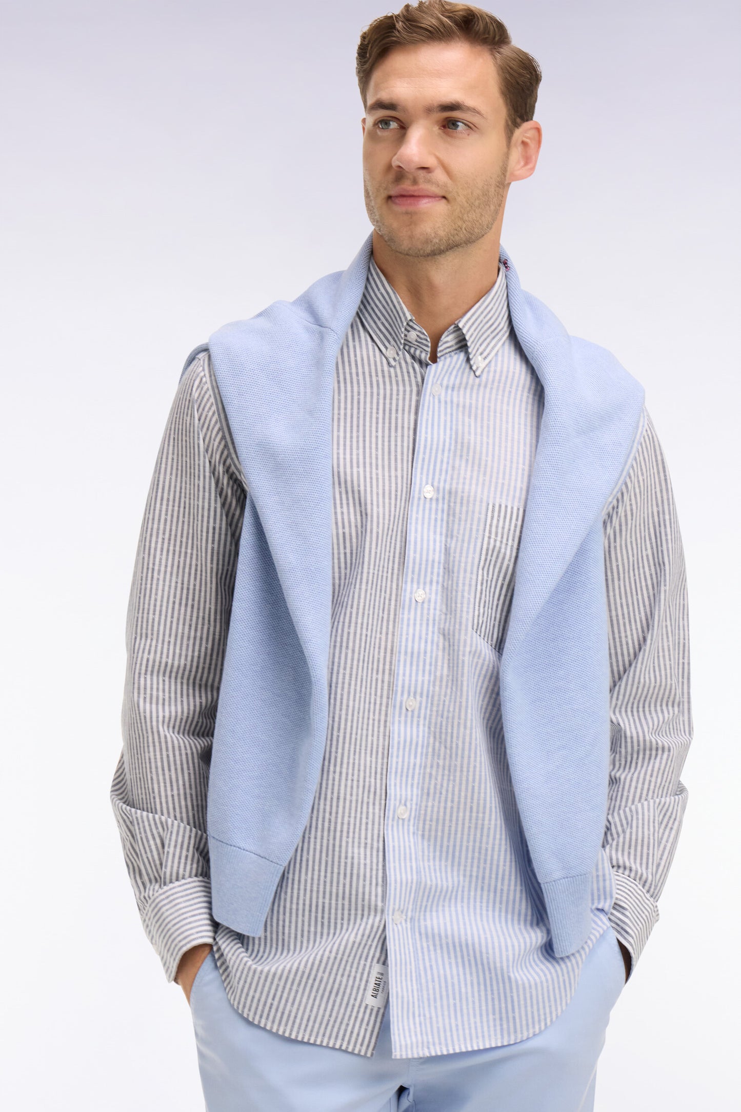 Chemise en coton jacquard Dobby à rayures bâtons bleues