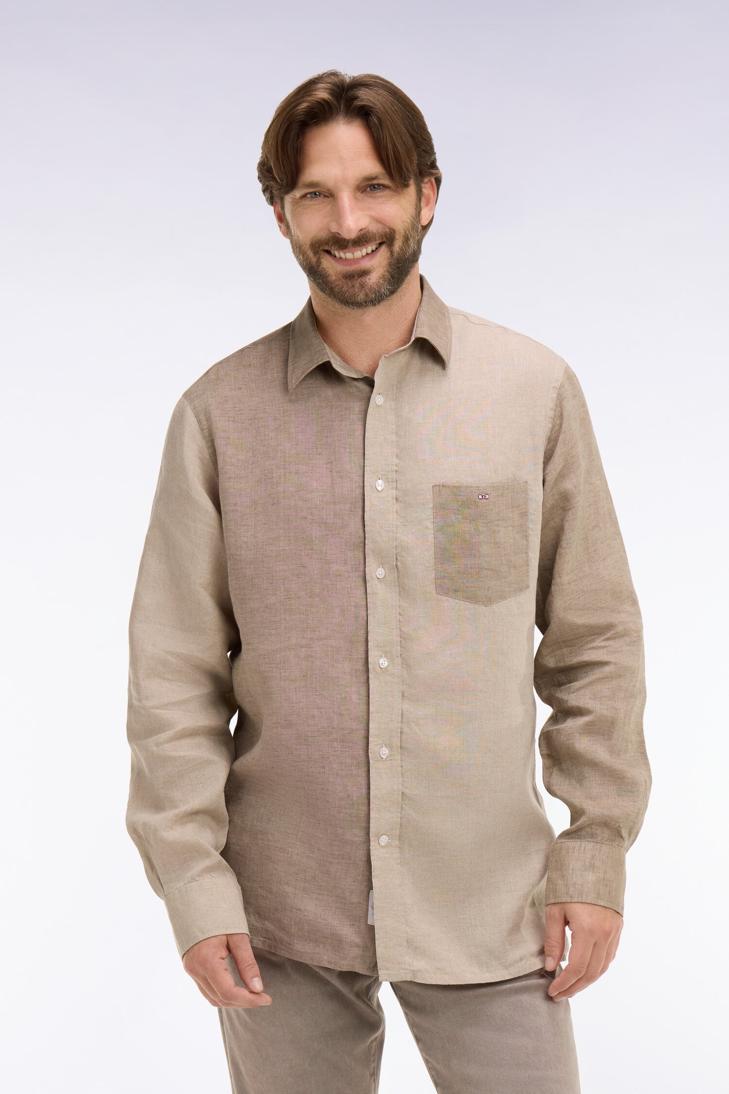 Chemise en lin bicolore beige coupe regular