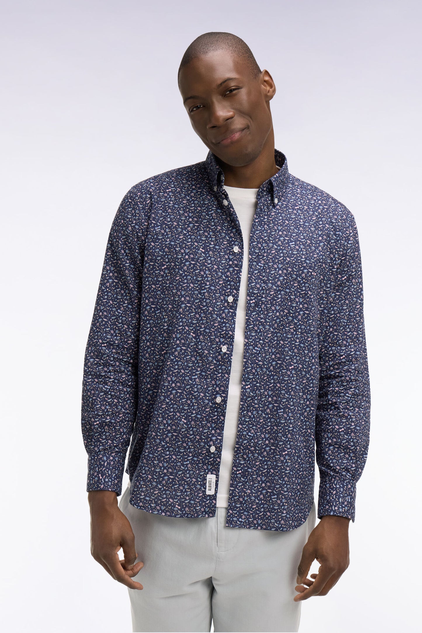 Chemise en popeline de coton marine à microimprimé floral coupe regular