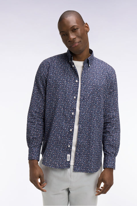 Chemise en popeline de coton marine à microimprimé floral coupe regular - Image 1