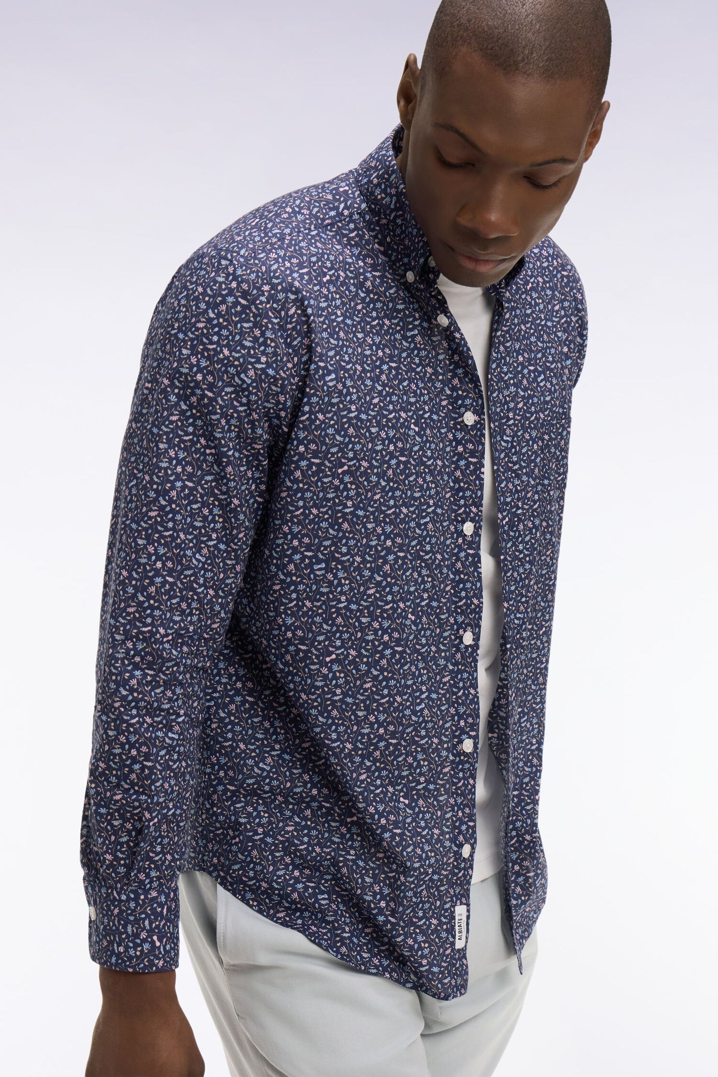 Chemise en popeline de coton marine à microimprimé floral coupe regular