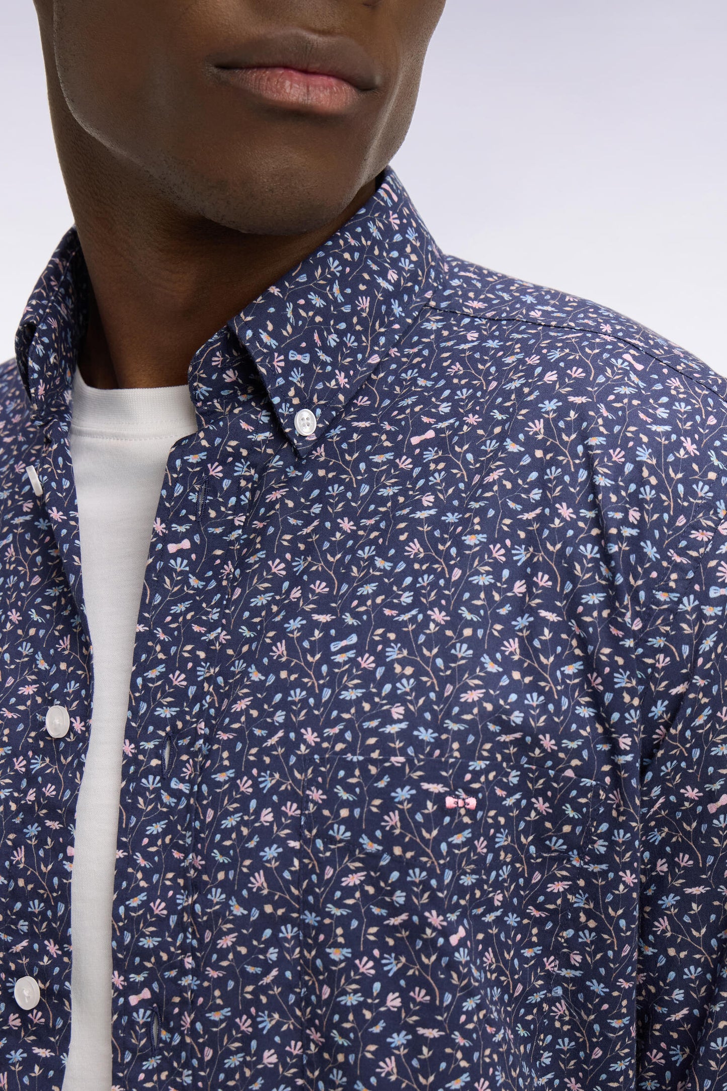 Chemise en popeline de coton marine à microimprimé floral coupe regular