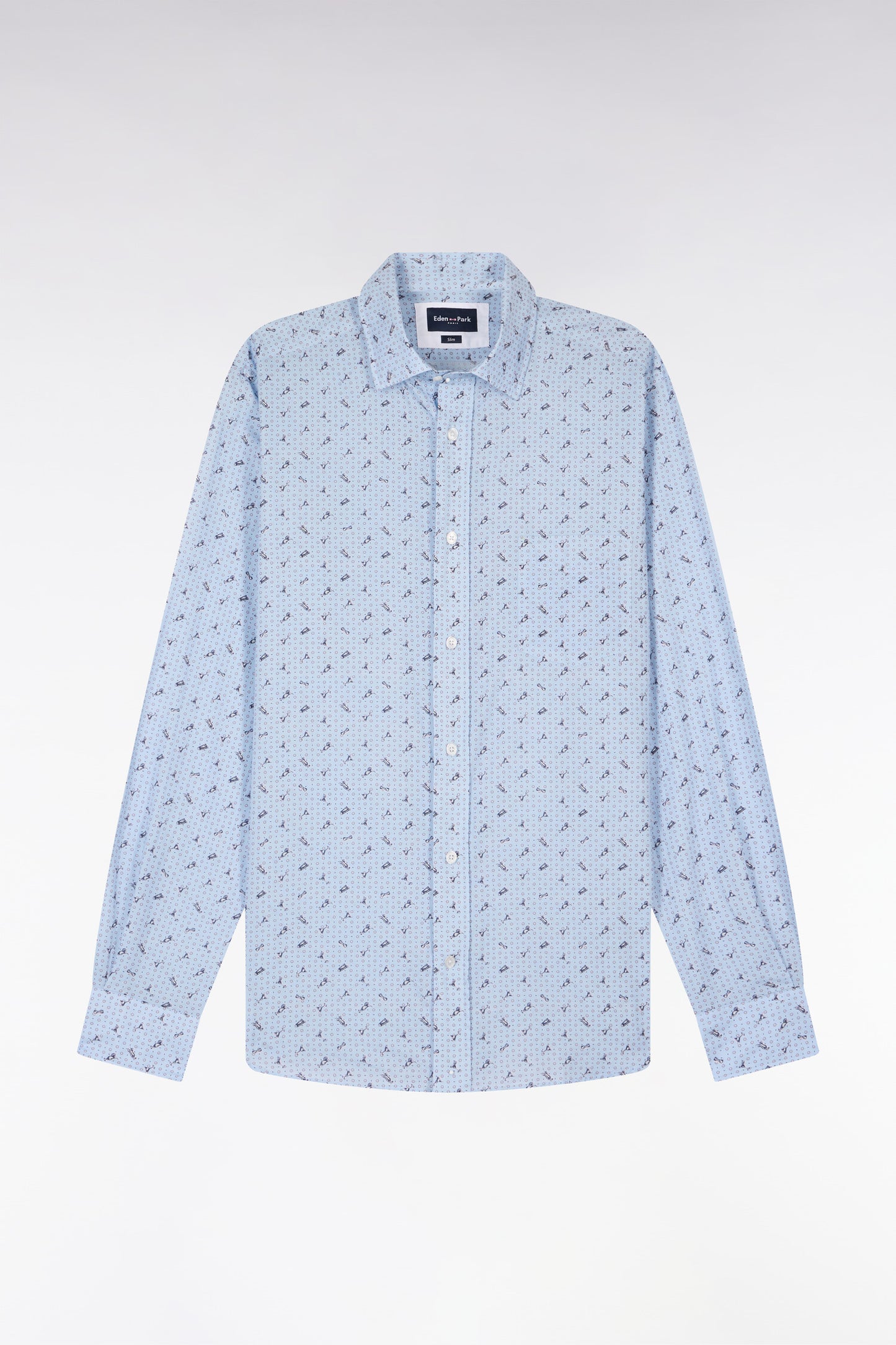 Chemise en popeline de coton bleu ciel à micromotifs coupe slim