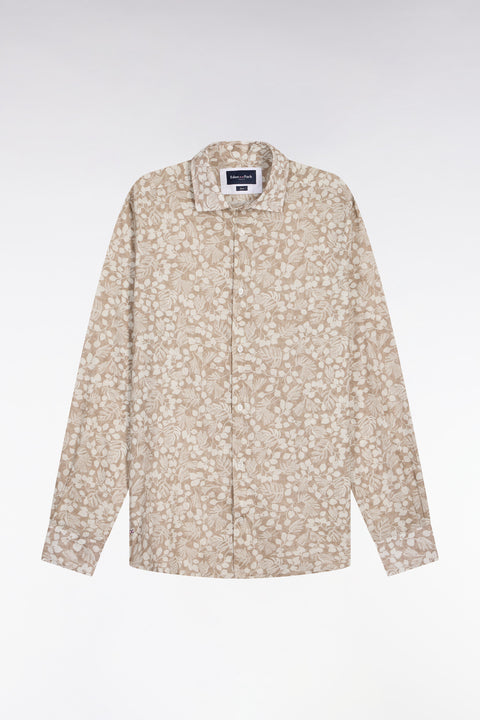 Chemise en popeline de coton beige à micromotifs végétal coupe slim - Image 2