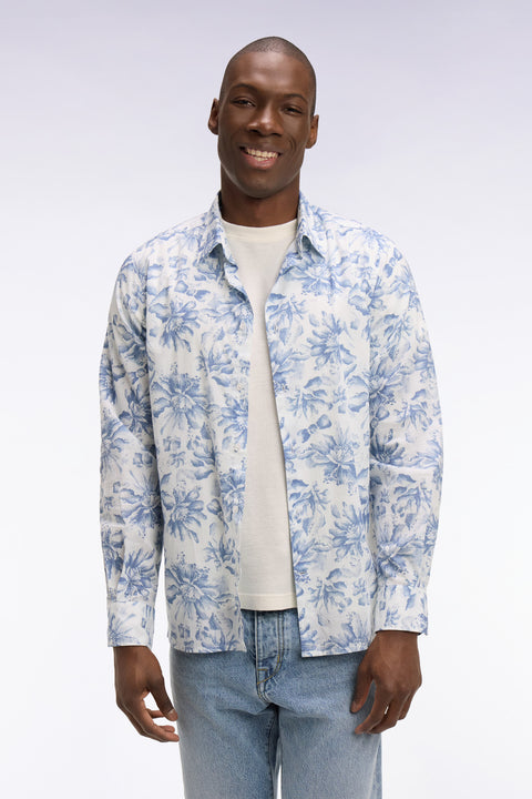 Chemise en popeline de coton italienne bleu ciel imprimé floral coupe regular - Image 3